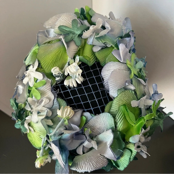 Elegant Vintage Modern Miss Blue Green Floral Pillbox Hat - Picture 7 of 12
